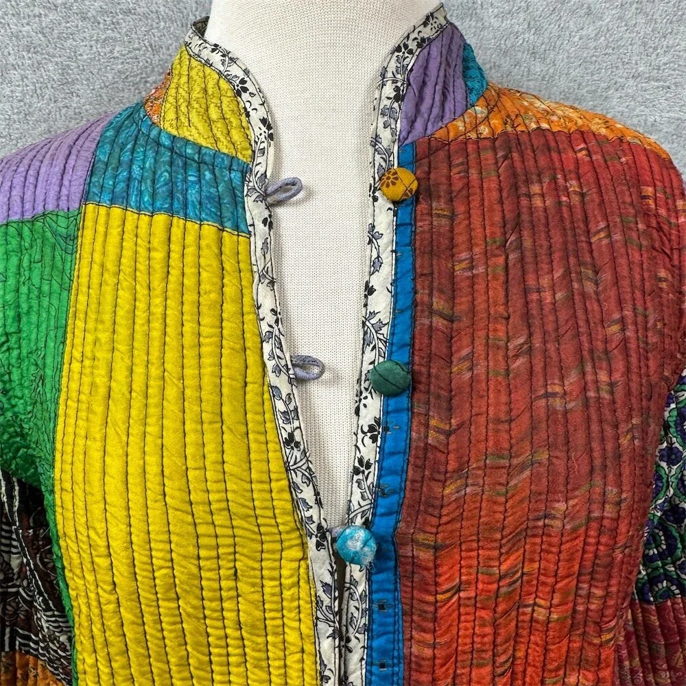 Sacred Threads Womens Silk Patchwork Quilted Jacket Size S Mandarin Collar Boho - Picture 2 of 16